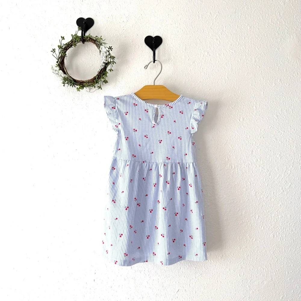 H&M Baby Girl Dress 18M Blue White Pinstripe Cherry Print Cotton